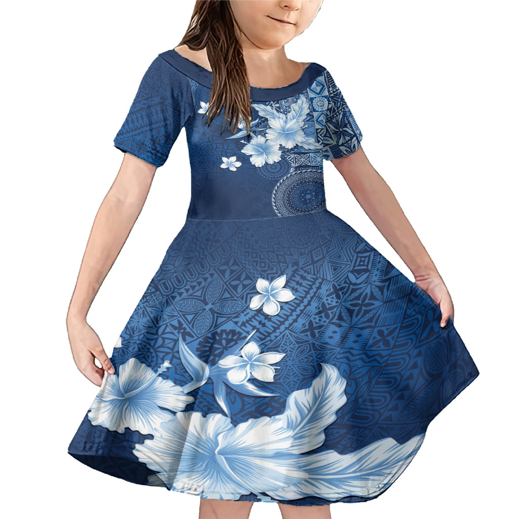 Hawaii Tapa Pattern With Navy Hibiscus Family Matching Mermaid Dress and Hawaiian Shirt LT05 Daughter's Dress Navy - Polynesian Pride