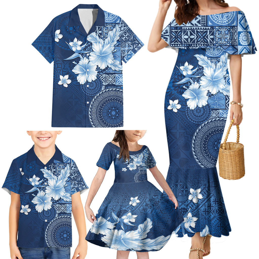 Hawaii Tapa Pattern With Navy Hibiscus Family Matching Mermaid Dress and Hawaiian Shirt LT05 - Polynesian Pride