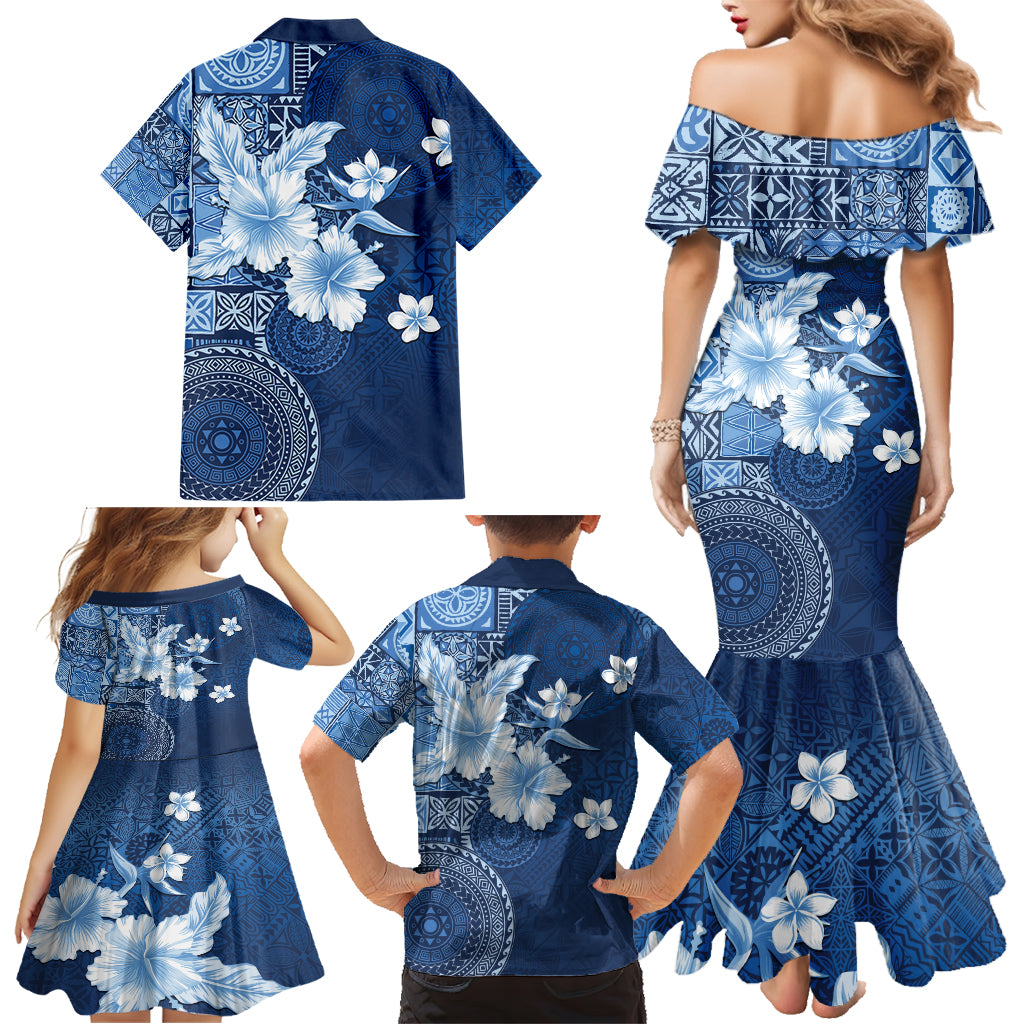 Hawaii Tapa Pattern With Navy Hibiscus Family Matching Mermaid Dress and Hawaiian Shirt LT05 - Polynesian Pride