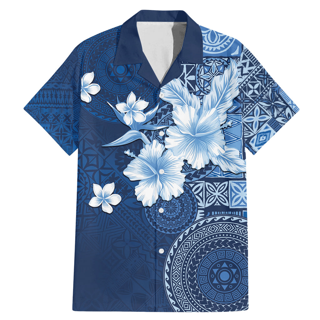 Hawaii Tapa Pattern With Navy Hibiscus Family Matching Mermaid Dress and Hawaiian Shirt LT05 Dad's Shirt - Short Sleeve Navy - Polynesian Pride