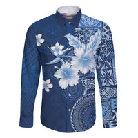 Hawaii Tapa Pattern With Navy Hibiscus Family Matching Mermaid Dress and Hawaiian Shirt LT05 Dad's Shirt - Long Sleeve Navy - Polynesian Pride