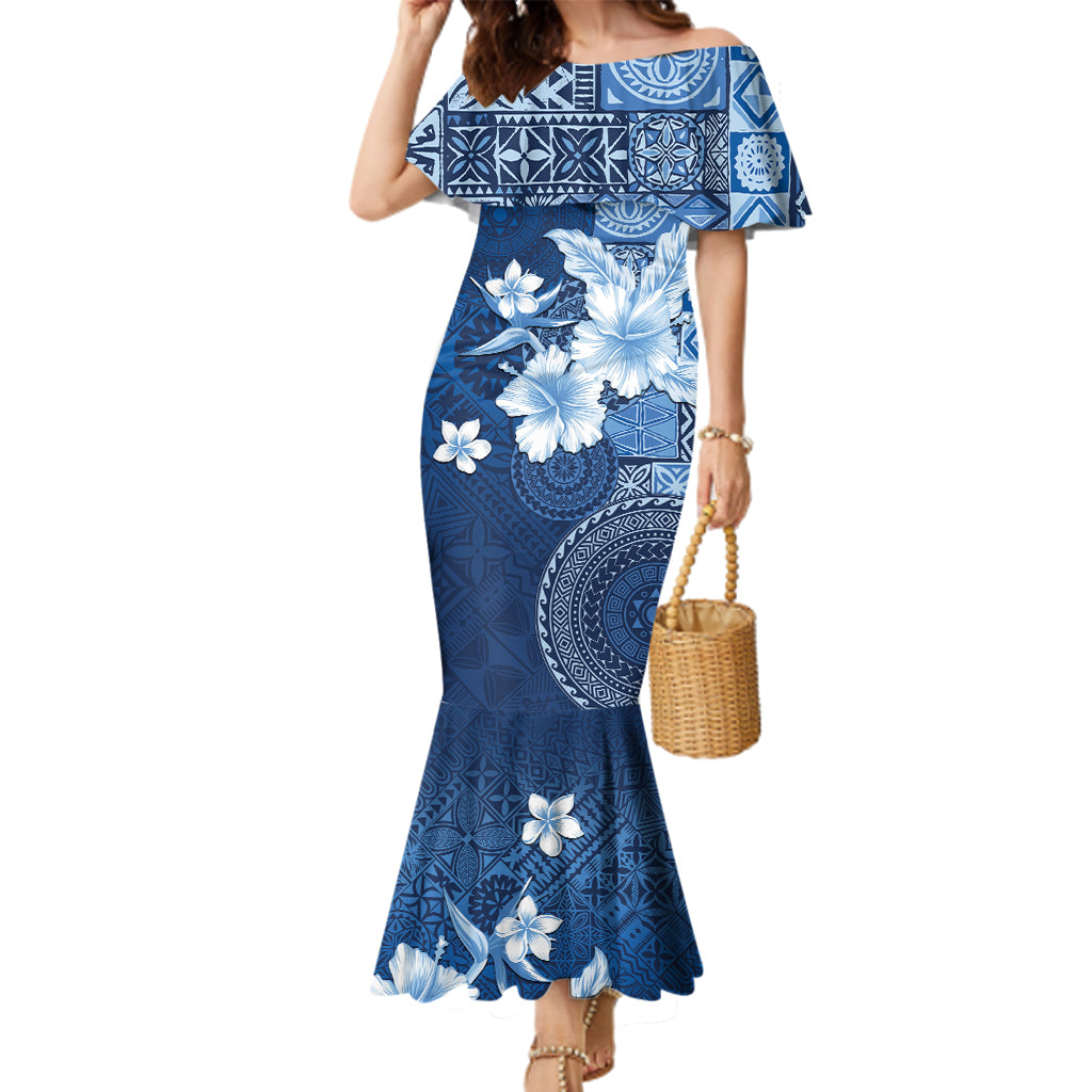 Hawaii Tapa Pattern With Navy Hibiscus Family Matching Mermaid Dress and Hawaiian Shirt LT05 Mom's Dress Navy - Polynesian Pride