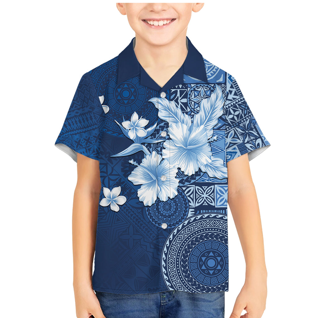 Hawaii Tapa Pattern With Navy Hibiscus Family Matching Mermaid Dress and Hawaiian Shirt LT05 Son's Shirt Navy - Polynesian Pride