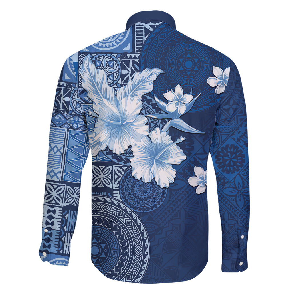 Hawaii Tapa Pattern With Navy Hibiscus Family Matching Off Shoulder Maxi Dress and Hawaiian Shirt