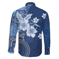 Hawaii Tapa Pattern With Navy Hibiscus Family Matching Off Shoulder Maxi Dress and Hawaiian Shirt