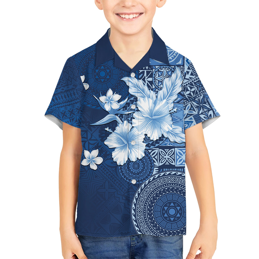 Hawaii Tapa Pattern With Navy Hibiscus Family Matching Off Shoulder Maxi Dress and Hawaiian Shirt