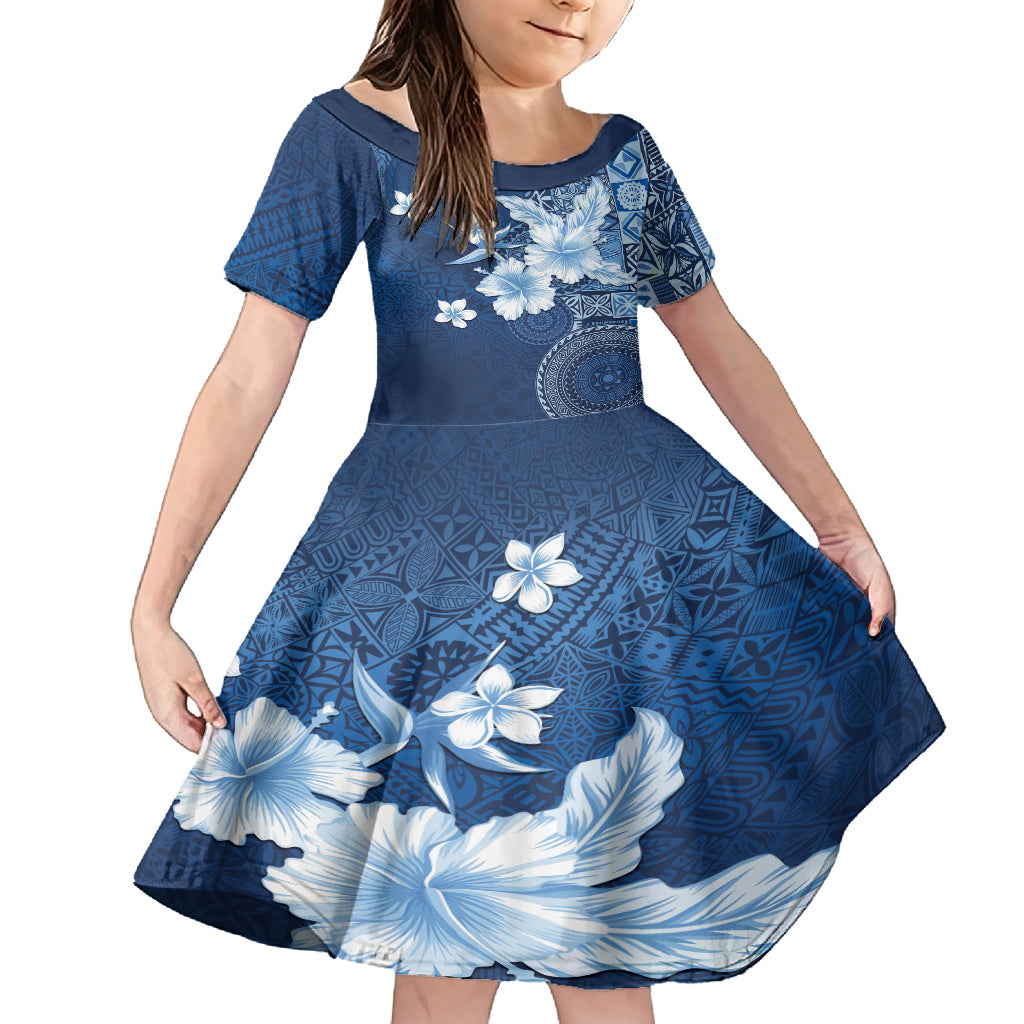 Hawaii Tapa Pattern With Navy Hibiscus Family Matching Tank Maxi Dress and Hawaiian Shirt LT05 Daughter's Dress Navy - Polynesian Pride