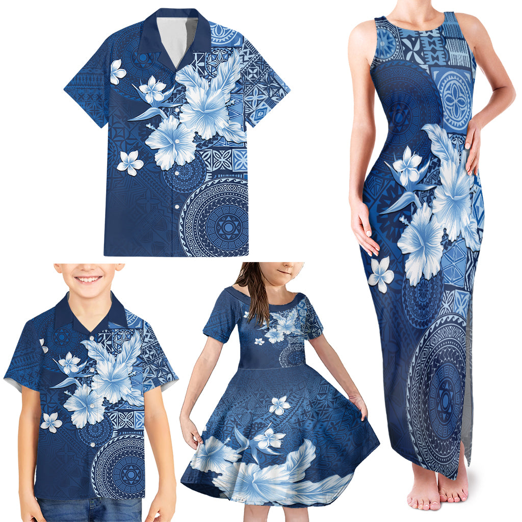 Hawaii Tapa Pattern With Navy Hibiscus Family Matching Tank Maxi Dress and Hawaiian Shirt LT05 - Polynesian Pride