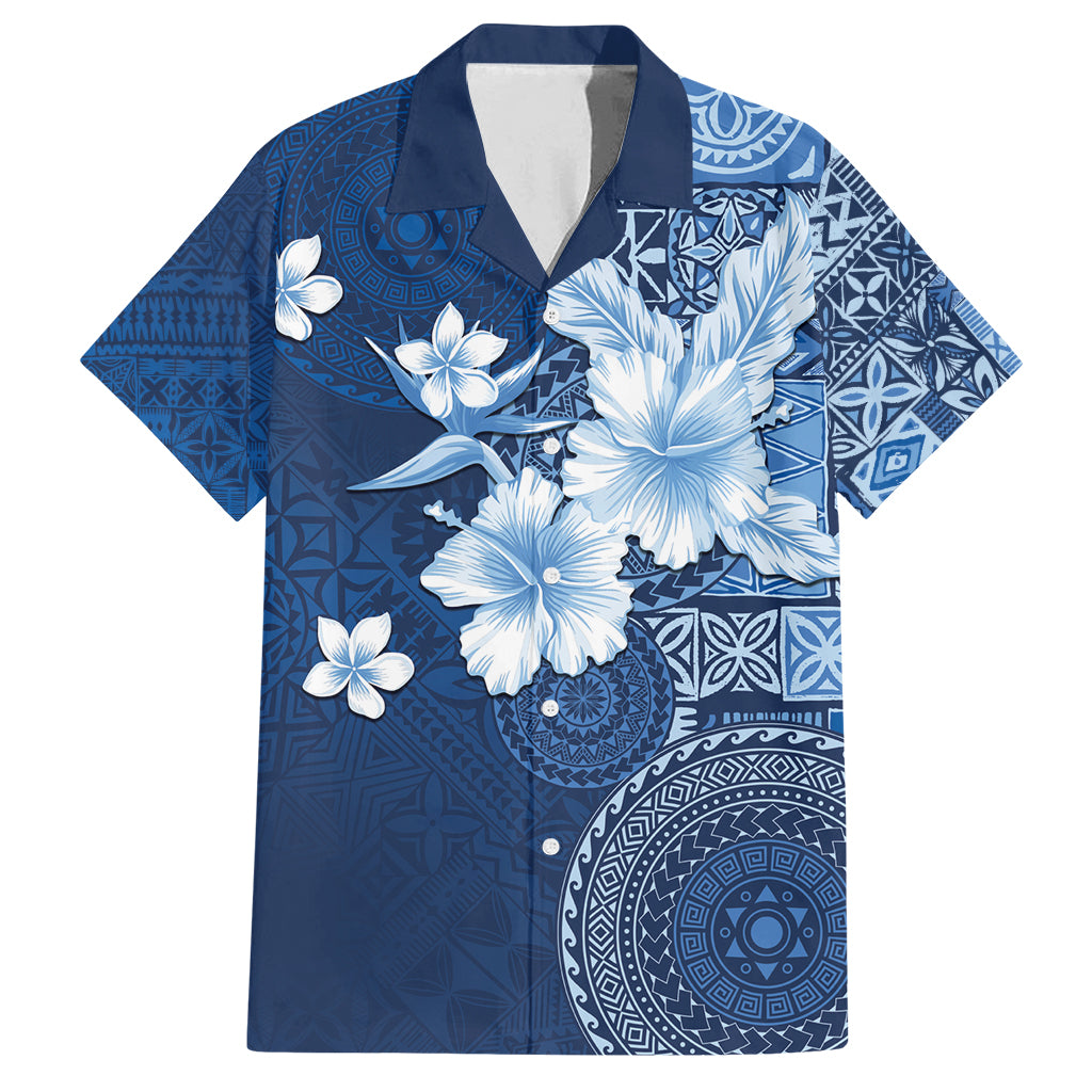 Hawaii Tapa Pattern With Navy Hibiscus Family Matching Tank Maxi Dress and Hawaiian Shirt LT05 Dad's Shirt - Short Sleeve Navy - Polynesian Pride