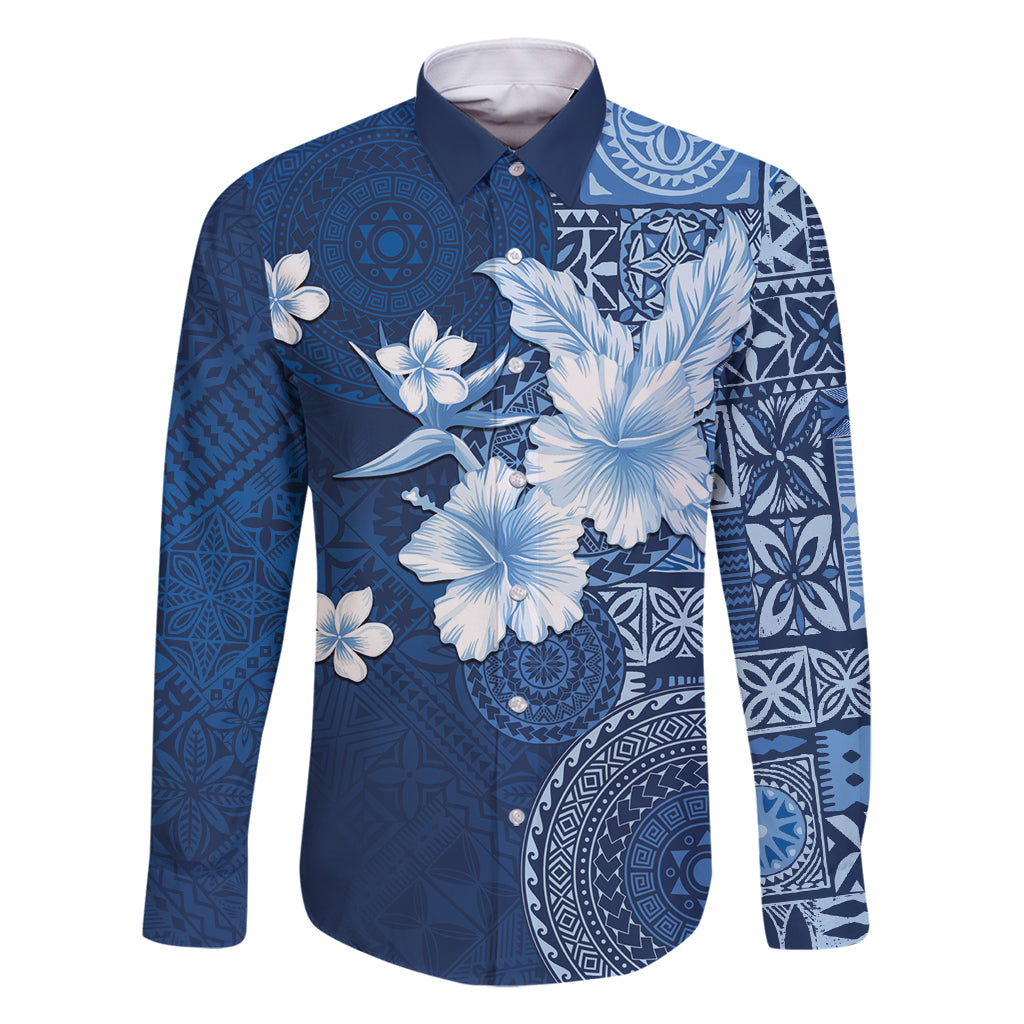Hawaii Tapa Pattern With Navy Hibiscus Family Matching Tank Maxi Dress and Hawaiian Shirt LT05 Dad's Shirt - Long Sleeve Navy - Polynesian Pride
