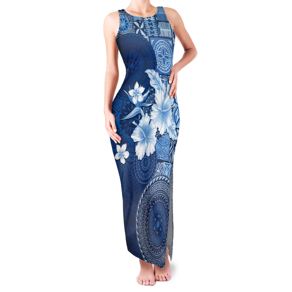 Hawaii Tapa Pattern With Navy Hibiscus Family Matching Tank Maxi Dress and Hawaiian Shirt LT05 Mom's Dress Navy - Polynesian Pride