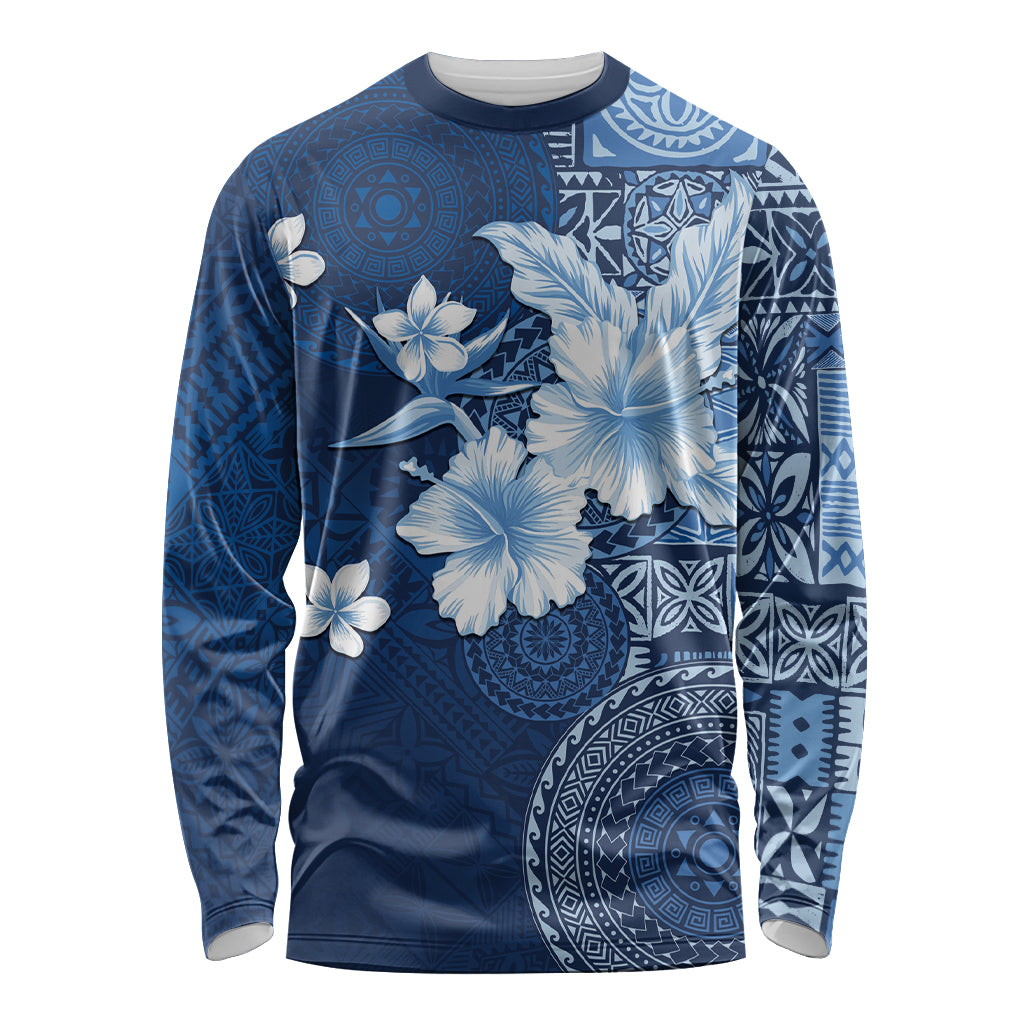 Hawaii Tapa Pattern With Navy Hibiscus Long Sleeve Shirt LT05 Unisex Navy - Polynesian Pride