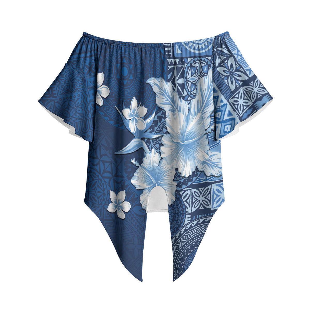 Hawaii Tapa Pattern With Navy Hibiscus Off Shoulder Wrap Waist Top LT05 Navy - Polynesian Pride