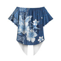 Hawaii Tapa Pattern With Navy Hibiscus Off Shoulder Wrap Waist Top LT05 - Polynesian Pride