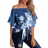 Hawaii Tapa Pattern With Navy Hibiscus Off Shoulder Wrap Waist Top LT05 - Polynesian Pride