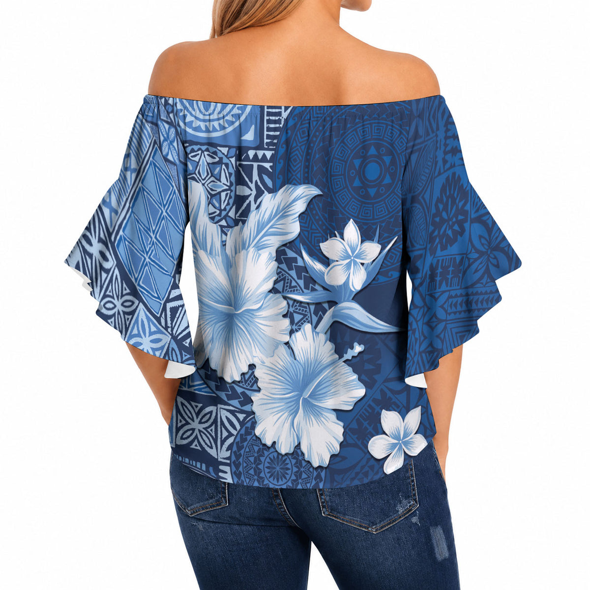 Hawaii Tapa Pattern With Navy Hibiscus Off Shoulder Wrap Waist Top LT05 - Polynesian Pride