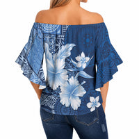 Hawaii Tapa Pattern With Navy Hibiscus Off Shoulder Wrap Waist Top LT05 - Polynesian Pride