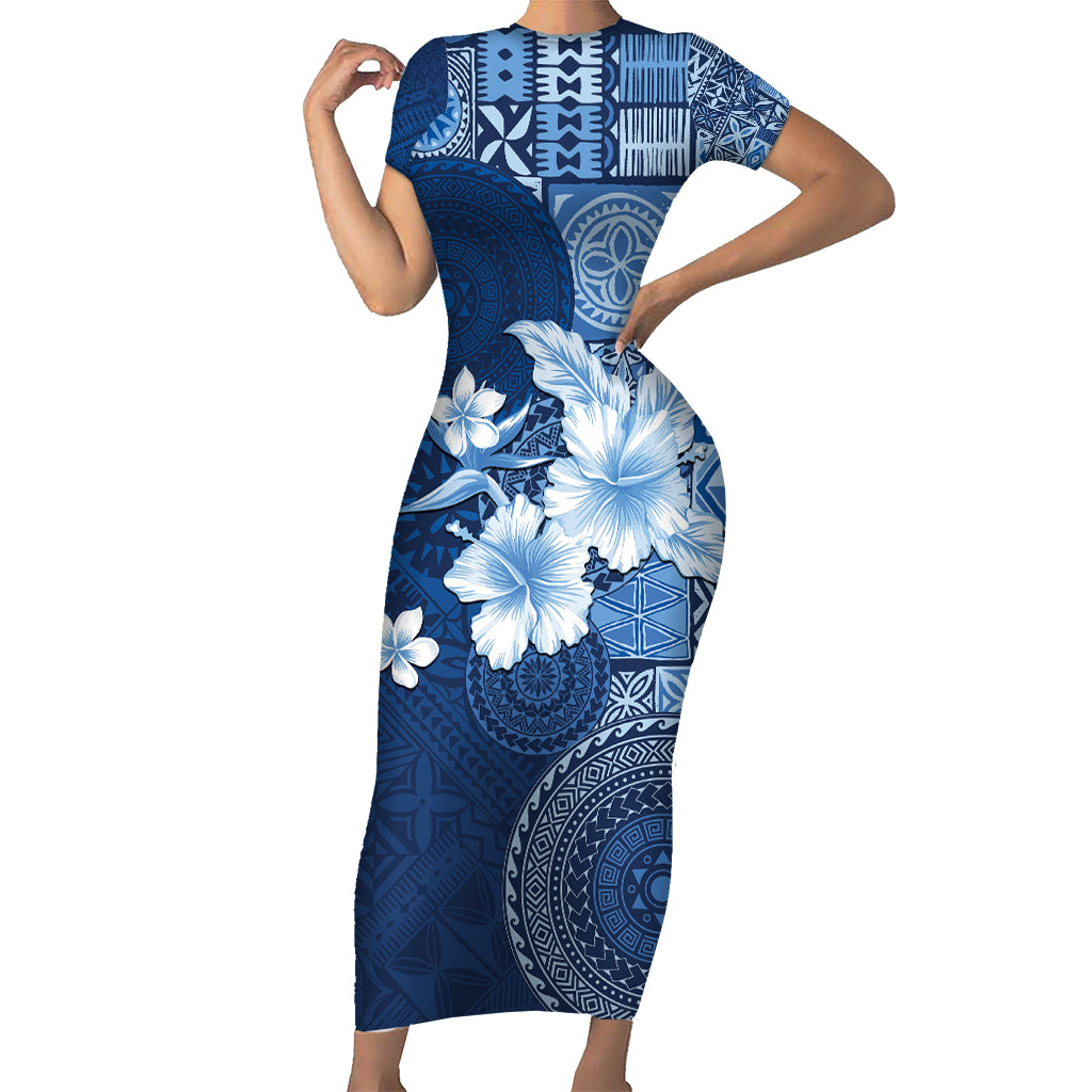 Hawaii Tapa Pattern With Navy Hibiscus Short Sleeve Bodycon Dress LT05 Long Dress Navy - Polynesian Pride