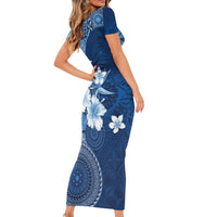 Hawaii Tapa Pattern With Navy Hibiscus Short Sleeve Bodycon Dress LT05 - Polynesian Pride