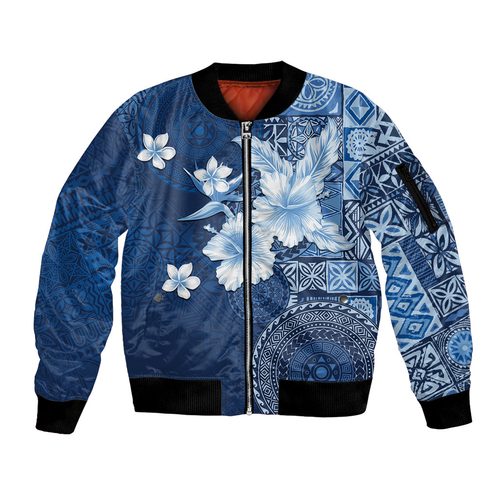 Hawaii Tapa Pattern With Navy Hibiscus Sleeve Zip Bomber Jacket LT05 Unisex Navy - Polynesian Pride