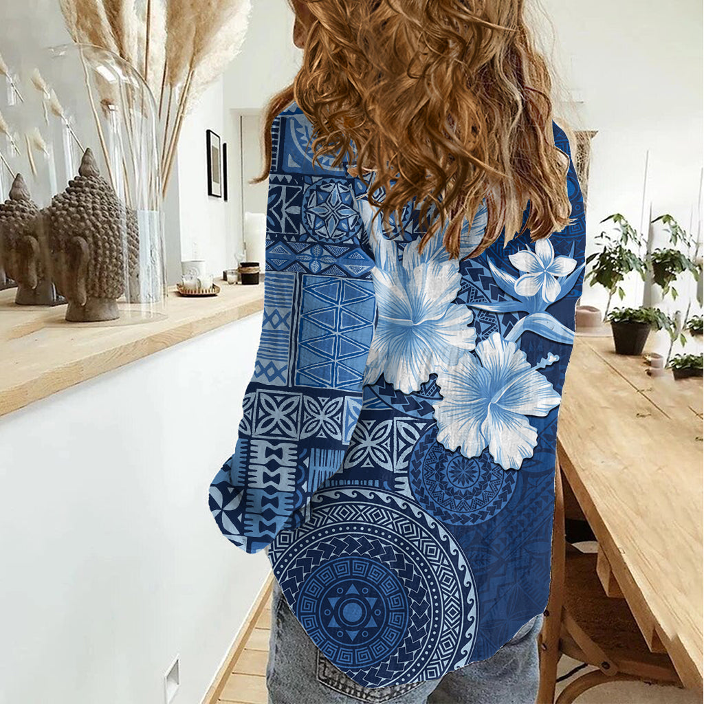 Hawaii Tapa Pattern With Navy Hibiscus Women Casual Shirt LT05 - Polynesian Pride