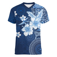 Hawaii Tapa Pattern With Navy Hibiscus Women V-Neck T-Shirt LT05 Female Navy - Polynesian Pride