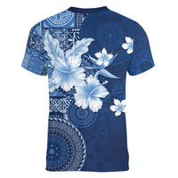 Hawaii Tapa Pattern With Navy Hibiscus Women V-Neck T-Shirt LT05 - Polynesian Pride
