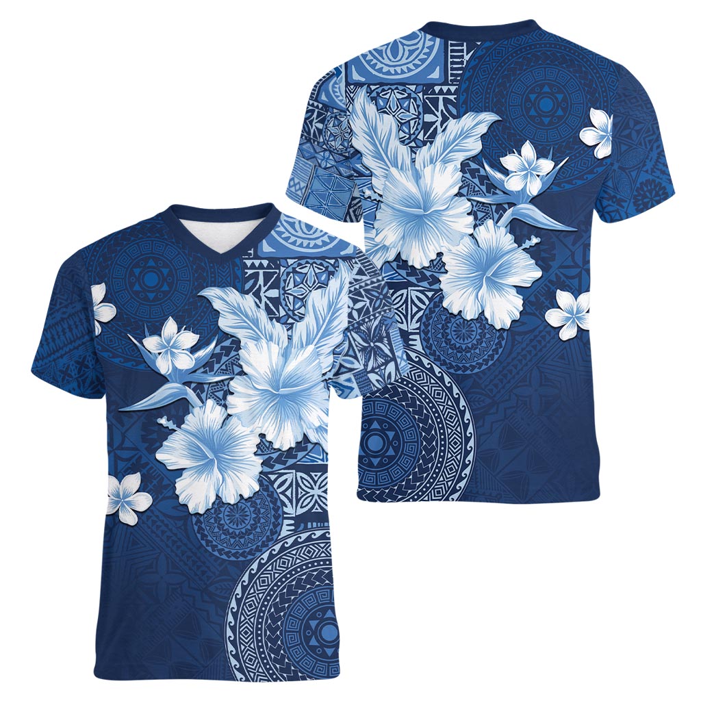 Hawaii Tapa Pattern With Navy Hibiscus Women V-Neck T-Shirt LT05 - Polynesian Pride