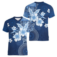 Hawaii Tapa Pattern With Navy Hibiscus Women V-Neck T-Shirt LT05 - Polynesian Pride