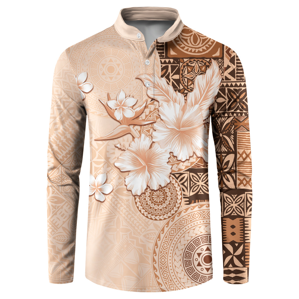 Hawaii Tapa Pattern With Brown Hibiscus Button Sweatshirt