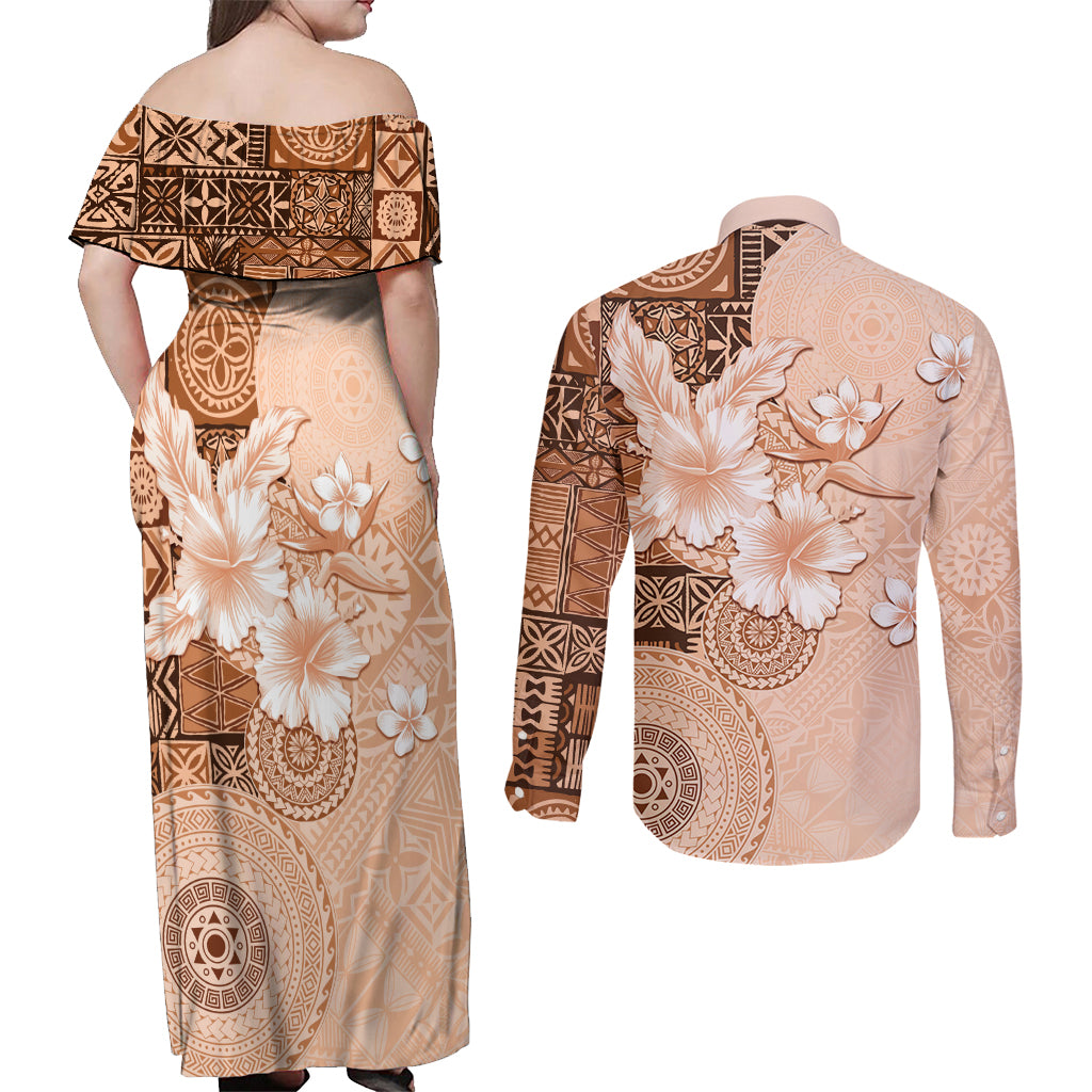 Hawaii Tapa Pattern With Brown Hibiscus Couples Matching Off Shoulder Maxi Dress and Long Sleeve Button Shirt