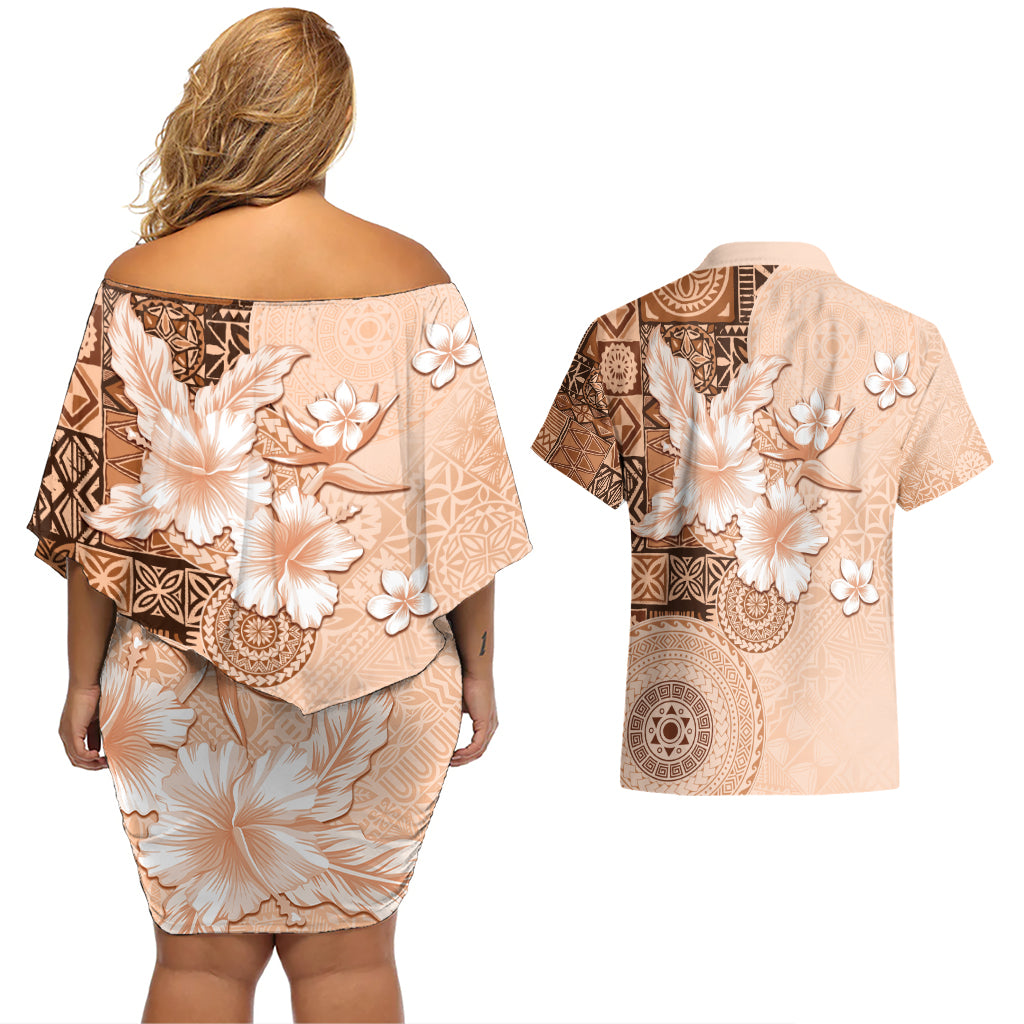 Hawaii Tapa Pattern With Brown Hibiscus Couples Matching Off Shoulder Short Dress and Hawaiian Shirt
