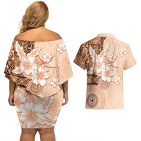 Hawaii Tapa Pattern With Brown Hibiscus Couples Matching Off Shoulder Short Dress and Hawaiian Shirt