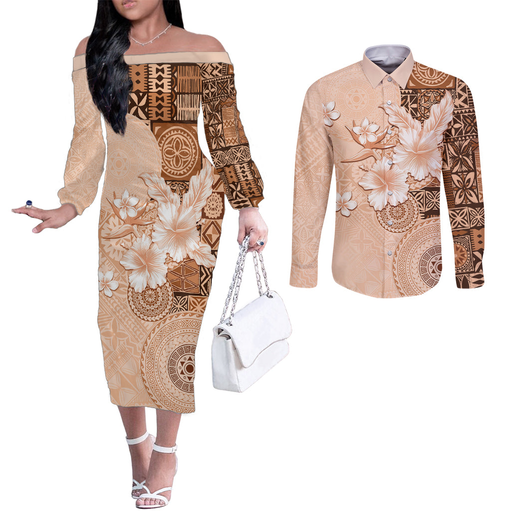 Hawaii Tapa Pattern With Brown Hibiscus Couples Matching Off The Shoulder Long Sleeve Dress and Long Sleeve Button Shirt