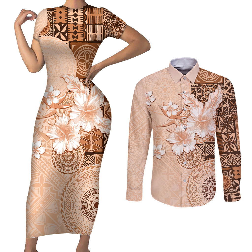 Hawaii Tapa Pattern With Brown Hibiscus Couples Matching Short Sleeve Bodycon Dress and Long Sleeve Button Shirt