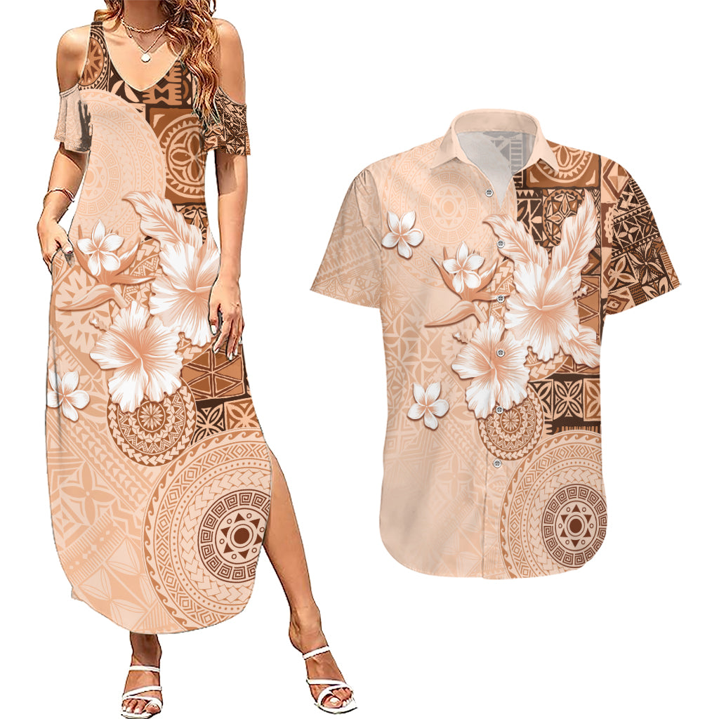 Hawaii Tapa Pattern With Brown Hibiscus Couples Matching Summer Maxi Dress and Hawaiian Shirt