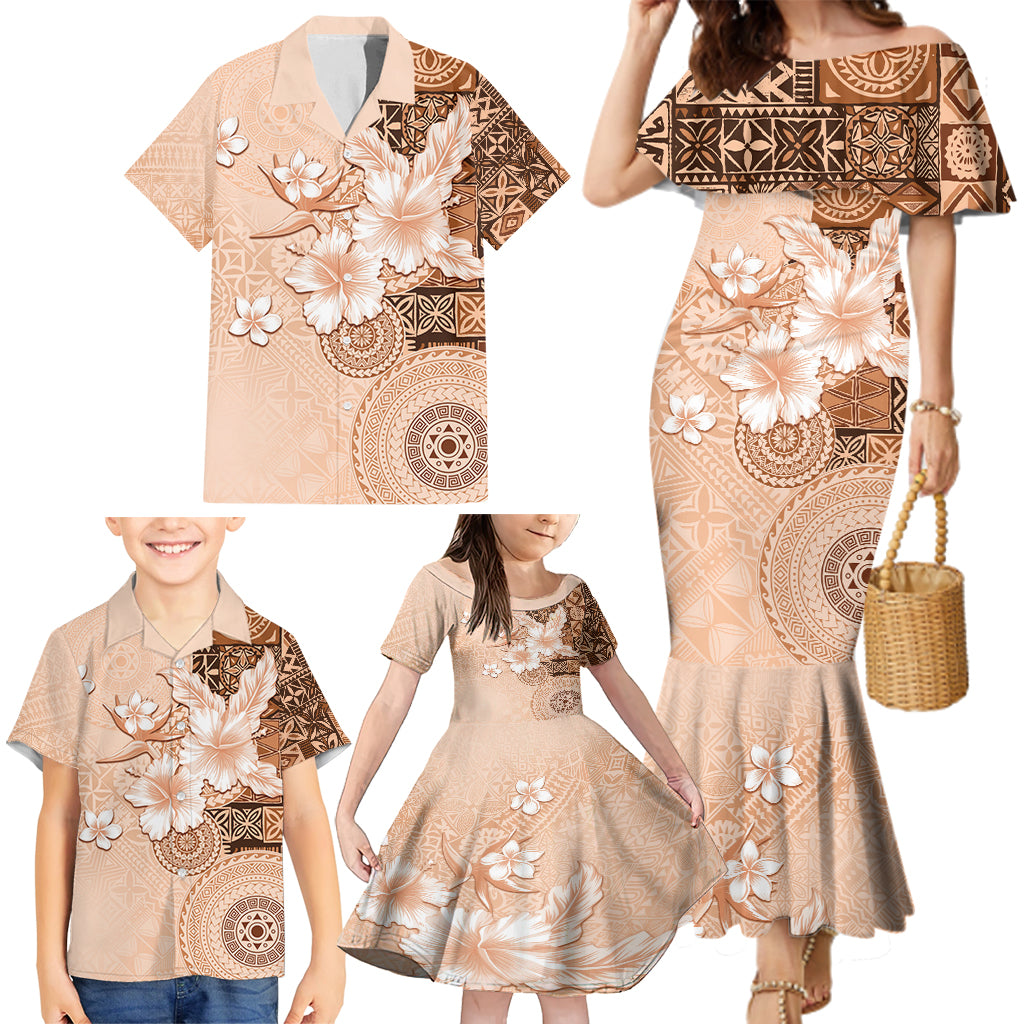 Hawaii Tapa Pattern With Brown Hibiscus Family Matching Mermaid Dress and Hawaiian Shirt LT05 - Polynesian Pride