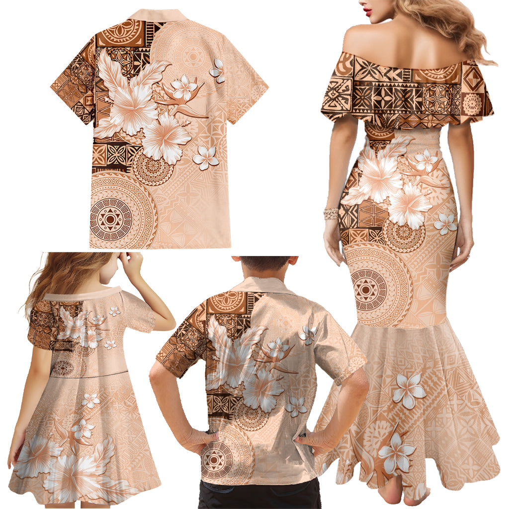 Hawaii Tapa Pattern With Brown Hibiscus Family Matching Mermaid Dress and Hawaiian Shirt LT05 - Polynesian Pride
