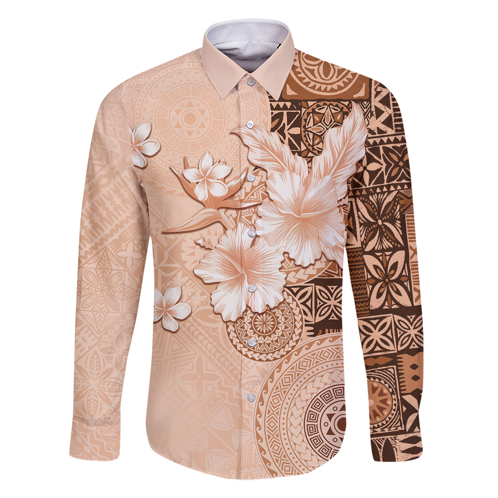 Hawaii Tapa Pattern With Brown Hibiscus Family Matching Mermaid Dress and Hawaiian Shirt LT05 Dad's Shirt - Long Sleeve Brown - Polynesian Pride