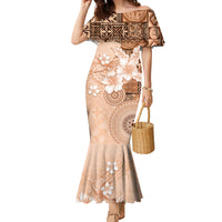 Hawaii Tapa Pattern With Brown Hibiscus Family Matching Mermaid Dress and Hawaiian Shirt LT05 Mom's Dress Brown - Polynesian Pride