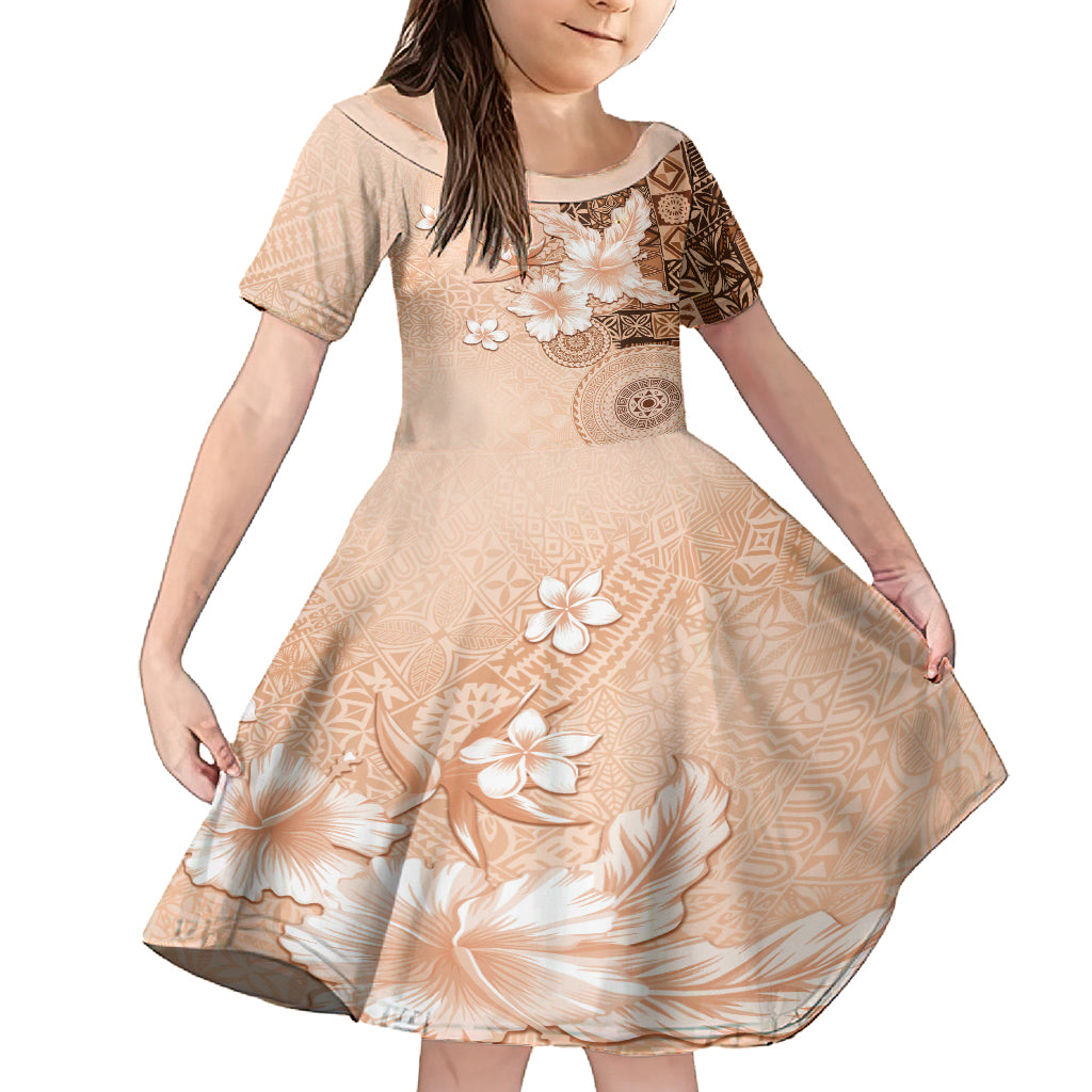 Hawaii Tapa Pattern With Brown Hibiscus Family Matching Off Shoulder Maxi Dress and Hawaiian Shirt LT05 Daughter's Dress Brown - Polynesian Pride