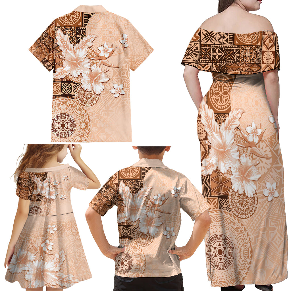 Hawaii Tapa Pattern With Brown Hibiscus Family Matching Off Shoulder Maxi Dress and Hawaiian Shirt LT05 - Polynesian Pride