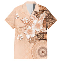 Hawaii Tapa Pattern With Brown Hibiscus Family Matching Off Shoulder Maxi Dress and Hawaiian Shirt LT05 Dad's Shirt - Short Sleeve Brown - Polynesian Pride