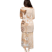 Hawaii Tapa Pattern With Brown Hibiscus Family Matching Puletasi and Hawaiian Shirt