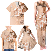 Hawaii Tapa Pattern With Brown Hibiscus Family Matching Tank Maxi Dress and Hawaiian Shirt