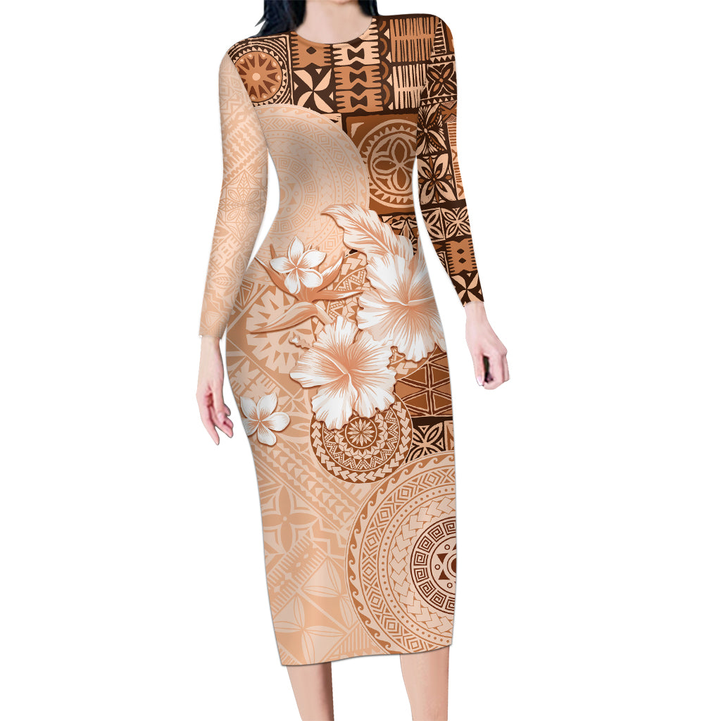 Hawaii Tapa Pattern With Brown Hibiscus Long Sleeve Bodycon Dress LT05 Long Dress Brown - Polynesian Pride