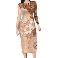 Hawaii Tapa Pattern With Brown Hibiscus Long Sleeve Bodycon Dress LT05 Long Dress Brown - Polynesian Pride
