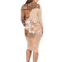 Hawaii Tapa Pattern With Brown Hibiscus Long Sleeve Bodycon Dress LT05 - Polynesian Pride