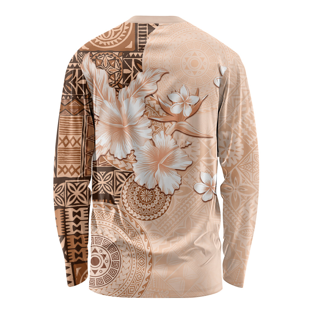 Hawaii Tapa Pattern With Brown Hibiscus Long Sleeve Shirt LT05 - Polynesian Pride