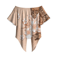 Hawaii Tapa Pattern With Brown Hibiscus Off Shoulder Wrap Waist Top LT05 Brown - Polynesian Pride